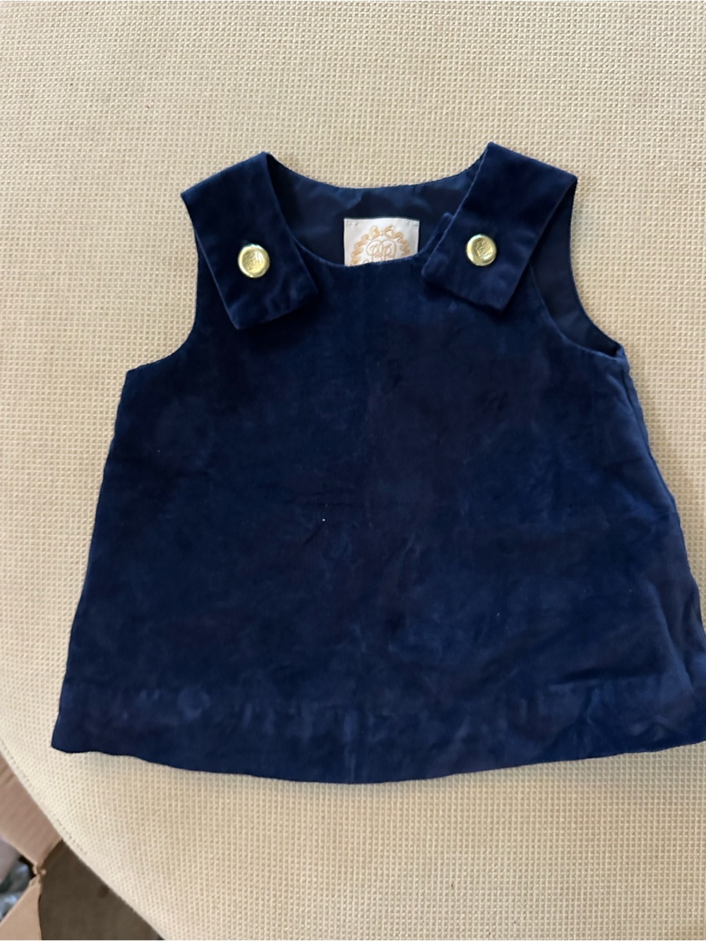 The Beaufort Bonnet Company Navy Blue Velvet Sleeveless Dress with Gold Buttons